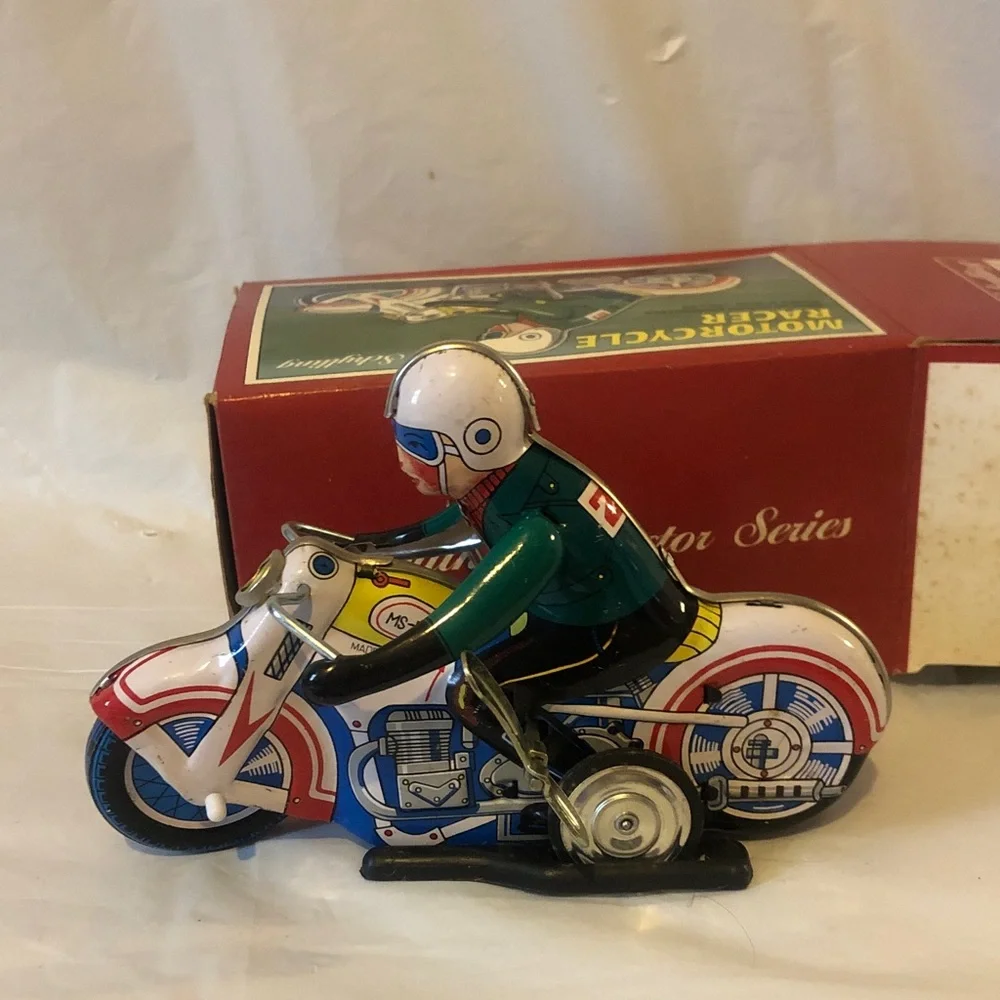Motorcycle Racer wind up pressed tin new old stock mint condition 7.5” long